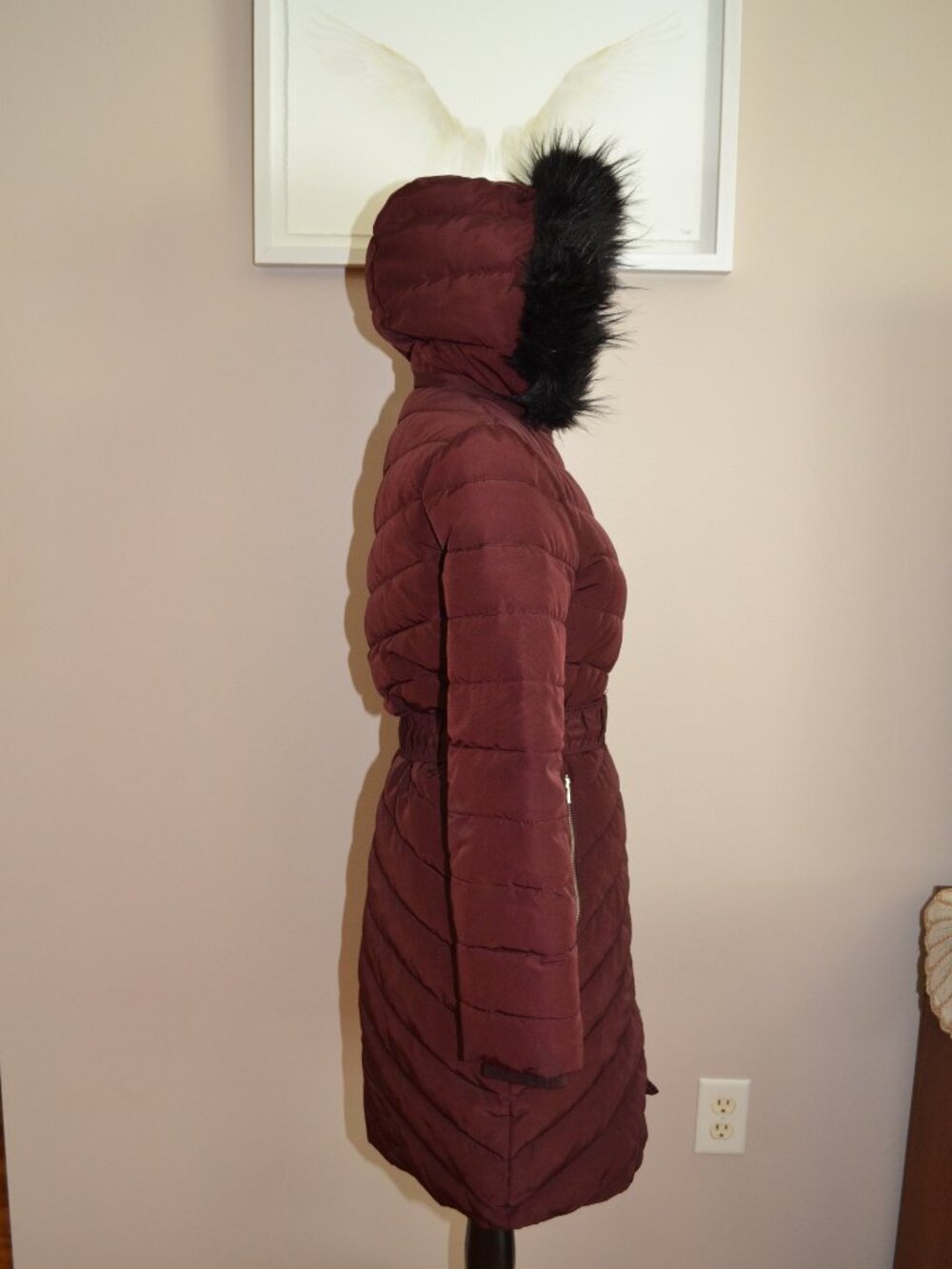 Express Maroon Belted Long Puffer Coat w Detachable Faux Fur Hood sz Small - Picture 5 of 13